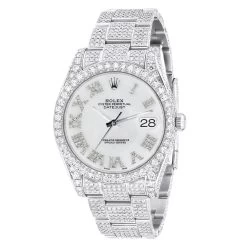 Men's Iced Out Watch Rolex Datejust 41mm White Roman Numerals Dial MoP Diamond Bezel