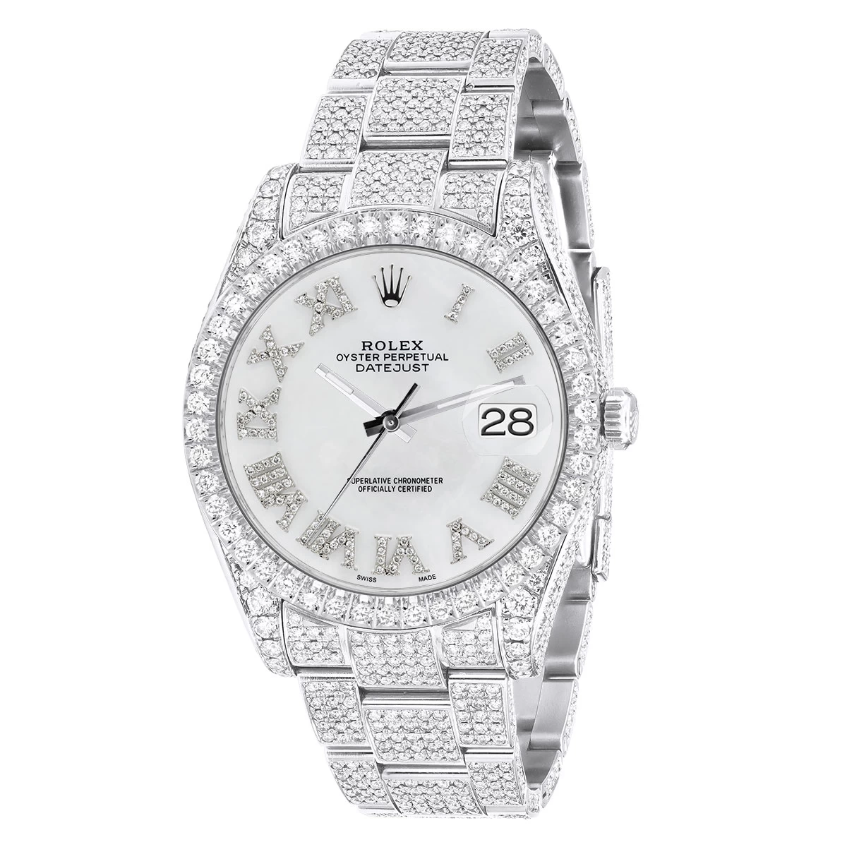 Men's Iced Out Watch Rolex Datejust 41mm White Roman Numerals Dial MoP Diamond Bezel 1 Men's Iced Out Watch Rolex Datejust 41mm White Roman Numerals Dial MoP Diamond Bezel