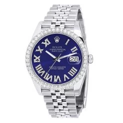Men's Rolex Datejust 41mm Dark Blue Roman Numerals Dial Diamond Bezel