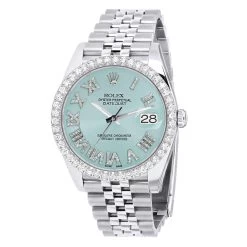 Men's Rolex Datejust 41mm Light Blue Roman Numerals Dial Diamond Bezel