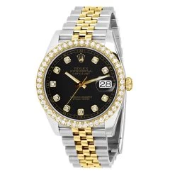 Men's Two Tone Rolex Datejust 41mm Black Dial Jubilee Bracelet Diamond Bezel