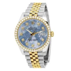 Watch Store 22 Men's Two Tone Rolex Datejust 41mm Blue Mother Of Pearl Dial Diamond Bezel