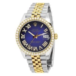 Men's Two Tone Rolex Datejust 41mm Dark Blue Roman Numerals Dial Diamond Bezel