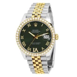 Men's Two Tone Rolex Datejust 41mm Dark Green Roman Numerals Dial Diamond Bezel