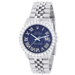 Men's Watch Rolex Datejust 36mm Blue Print Roman Numerals Dial Jubilee Bracelet Diamond 4ct Bezel