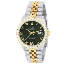 Men's Watch Rolex Datejust 36mm Dark Green Roman Numerals Dial Jubilee Bracelet Diamond 4ct Bezel
