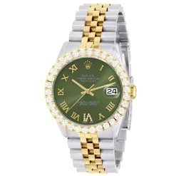 Men's Watch Rolex Datejust 36mm Green Roman Numerals Dial Jubilee Bracelet Diamond 4ct Bezel