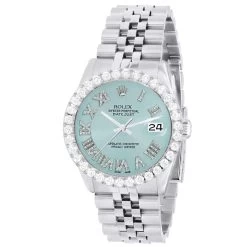 Men's Watch Rolex Datejust 36mm Light Blue Roman Numerals Dial Jubilee Bracelet Diamond 4ct Bezel