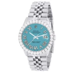 Men's Watch Rolex Datejust 36mm Turquoise Roman Numerals Dial Jubilee Bracelet Diamond 4ct Bezel