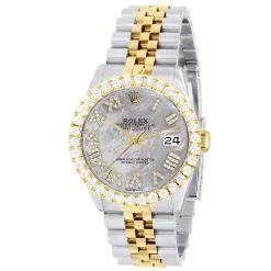 Men's Watch Rolex Datejust 36mm White Marble Roman Numerals MoP Dial Jubilee Bracelet Diamond 4ct Bezel
