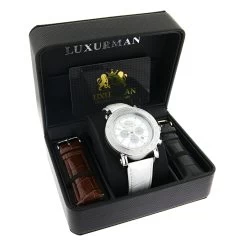 Oversized Men's Diamond Watch Leather Band W White Mop Luxurman Escalade -Watch Store oversized mens diamond watch 025ct white mop luxurman escalade chronograph 2 box