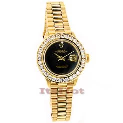 18K Gold Rolex Datejust President Ladies Diamond Watch 2.50ct Black Dial 26mm Case