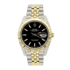 42mm Rolex Datejust Diamond Watch For Men 12ct Two Tone Gold & Steel Black Dial