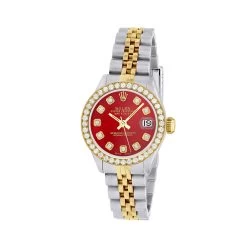 Women's Diamond Watch Rolex Datejust Yellow Gold 26mm Red Dial W01013