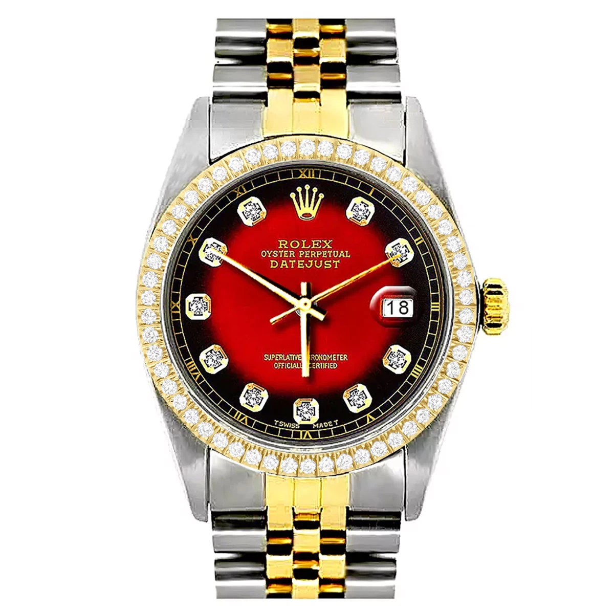 Rolex Oyster Perpetual Datejust Men's Diamond Watch Red Dial Yellow Gold 2 Rolex Oyster Perpetual Datejust Men's Diamond Watch Red Dial Yellow Gold - Image 2