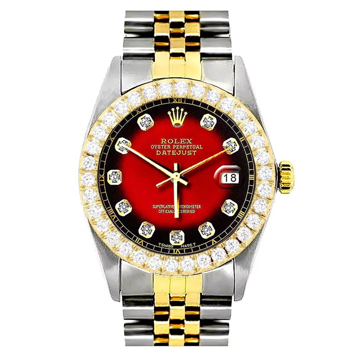 Rolex Oyster Perpetual Datejust Men's Diamond Watch Red Dial Yellow Gold 3 Rolex Oyster Perpetual Datejust Men's Diamond Watch Red Dial Yellow Gold - Image 3