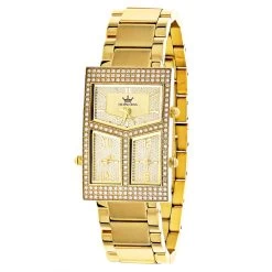 Techno King Diamond Women's Watch 18k Gold Plated 3 Time Zones 1.65ct