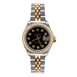 Two Tone Ladies Rolex Datejust 69713 Diamond Bezel Watch Black Dial 26mm 0.9ct