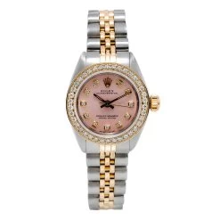 Two-Tone Rolex Oyster Perpetual 26mm Watch For Women Pink Dial With Diamond Bezel 0.9ct