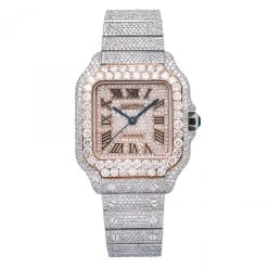 Unisex Diamond Watch Cartier Santos De Cartier 18K Gold Rose Gold Tone Dial