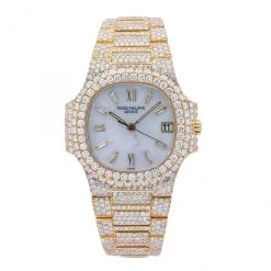 Unisex Diamond Watch Patek Philippe Nautilus 18K Gold 37mm White Dial