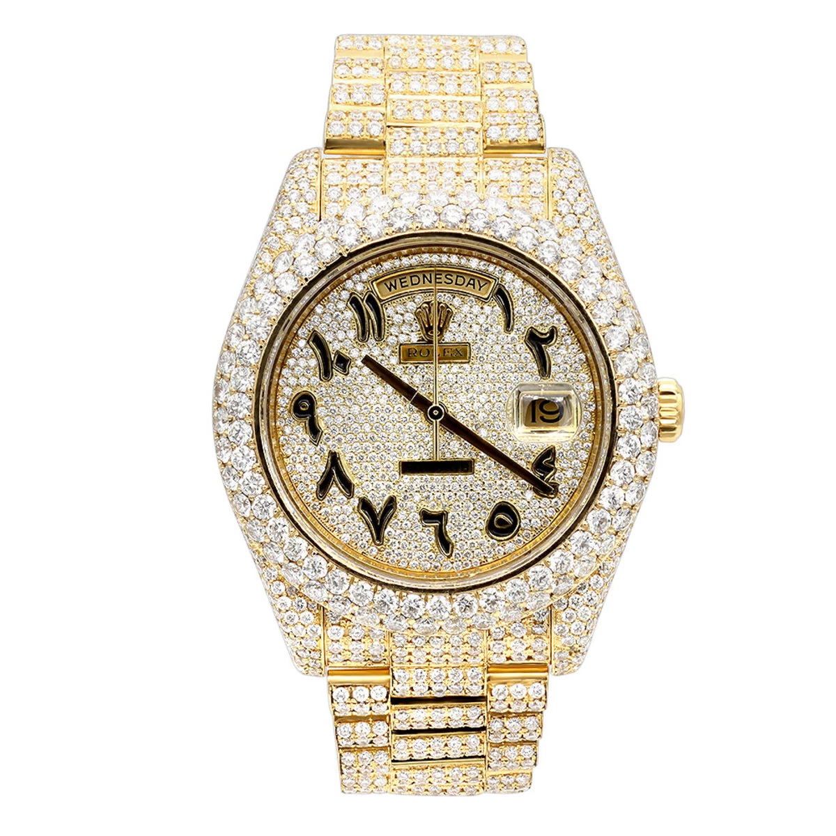 18K Gold Iced-Out Rolex Day-Date Arabic Dial Special Edition Diamond Watch 1 18K Gold Iced-Out Rolex Day-Date Arabic Dial Special Edition Diamond Watch