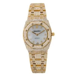 18K Gold Ladies Diamond Watch Audemars Piguet Royal Oak 27mm 67075ba White MOP Dial