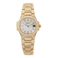 18K Gold Patek Philippe Diamond Watch For Women 27mm White Dial 11ct