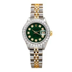 26mm Gold Rolex Datejust Ladies Diamond Bezel Watch 179173 Green Dial
