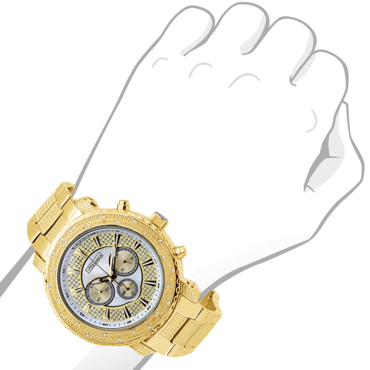 Large Men's Diamond Watch Yellow Gold Pltd JoJino Chronograph White MOP Dial 3 Large Men's Diamond Watch Yellow Gold Pltd JoJino Chronograph White MOP Dial - Image 3