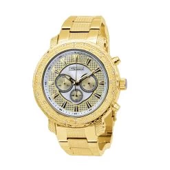 Large Men's Diamond Watch Yellow Gold Pltd JoJino Chronograph White MOP Dial