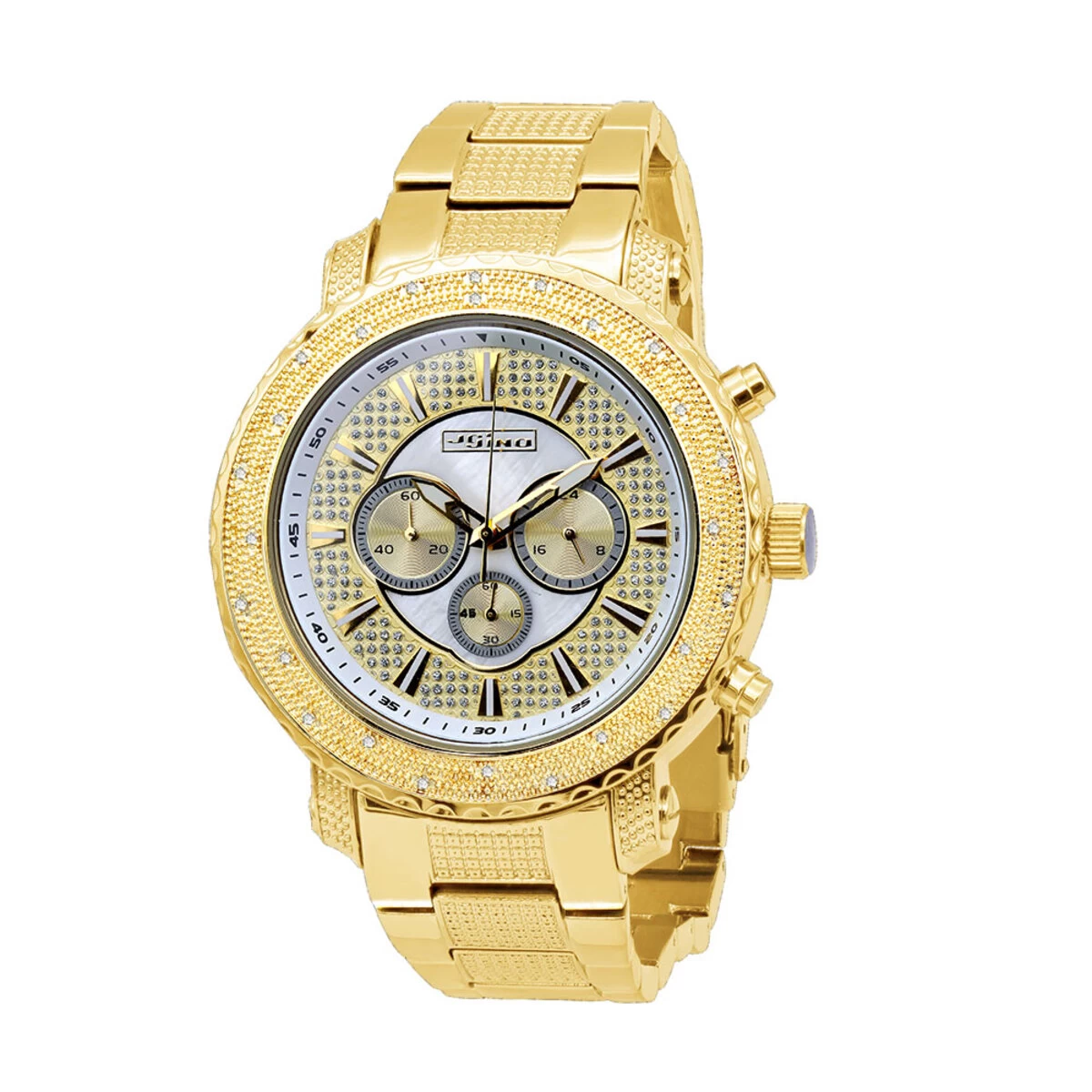 Large Men's Diamond Watch Yellow Gold Pltd JoJino Chronograph White MOP Dial 1 Large Men's Diamond Watch Yellow Gold Pltd JoJino Chronograph White MOP Dial