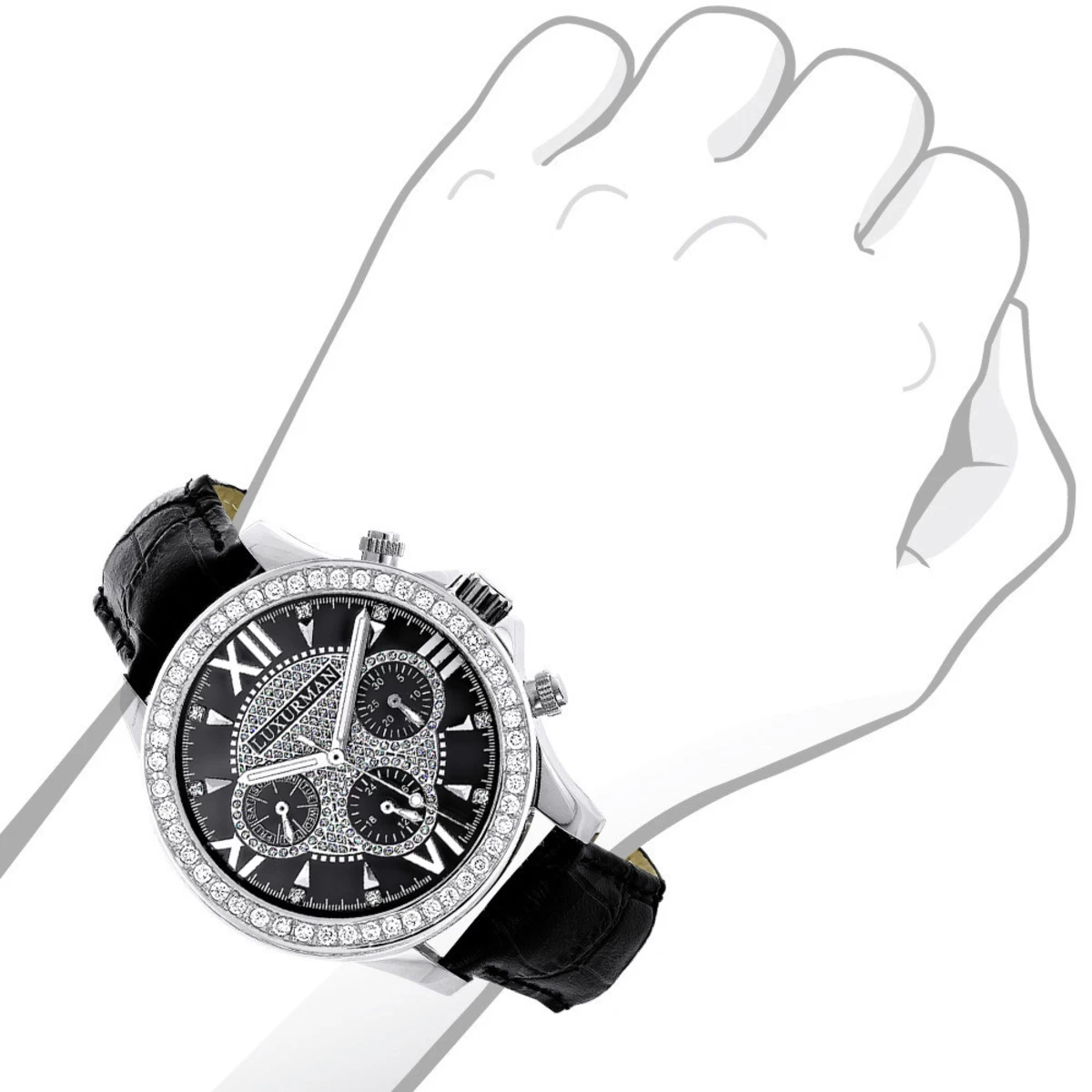 Luxurman Liberty Men's Diamond Watch Black Dial Swiss MVT Leather Band 3ct 3 Luxurman Liberty Men's Diamond Watch Black Dial Swiss MVT Leather Band 3ct - Image 3