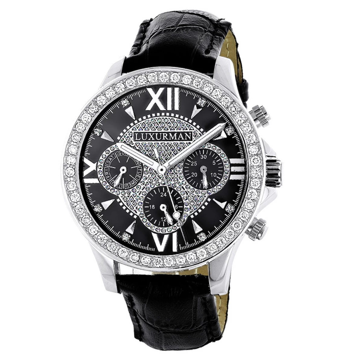 Luxurman Liberty Men's Diamond Watch Black Dial Swiss MVT Leather Band 3ct 1 Luxurman Liberty Men's Diamond Watch Black Dial Swiss MVT Leather Band 3ct