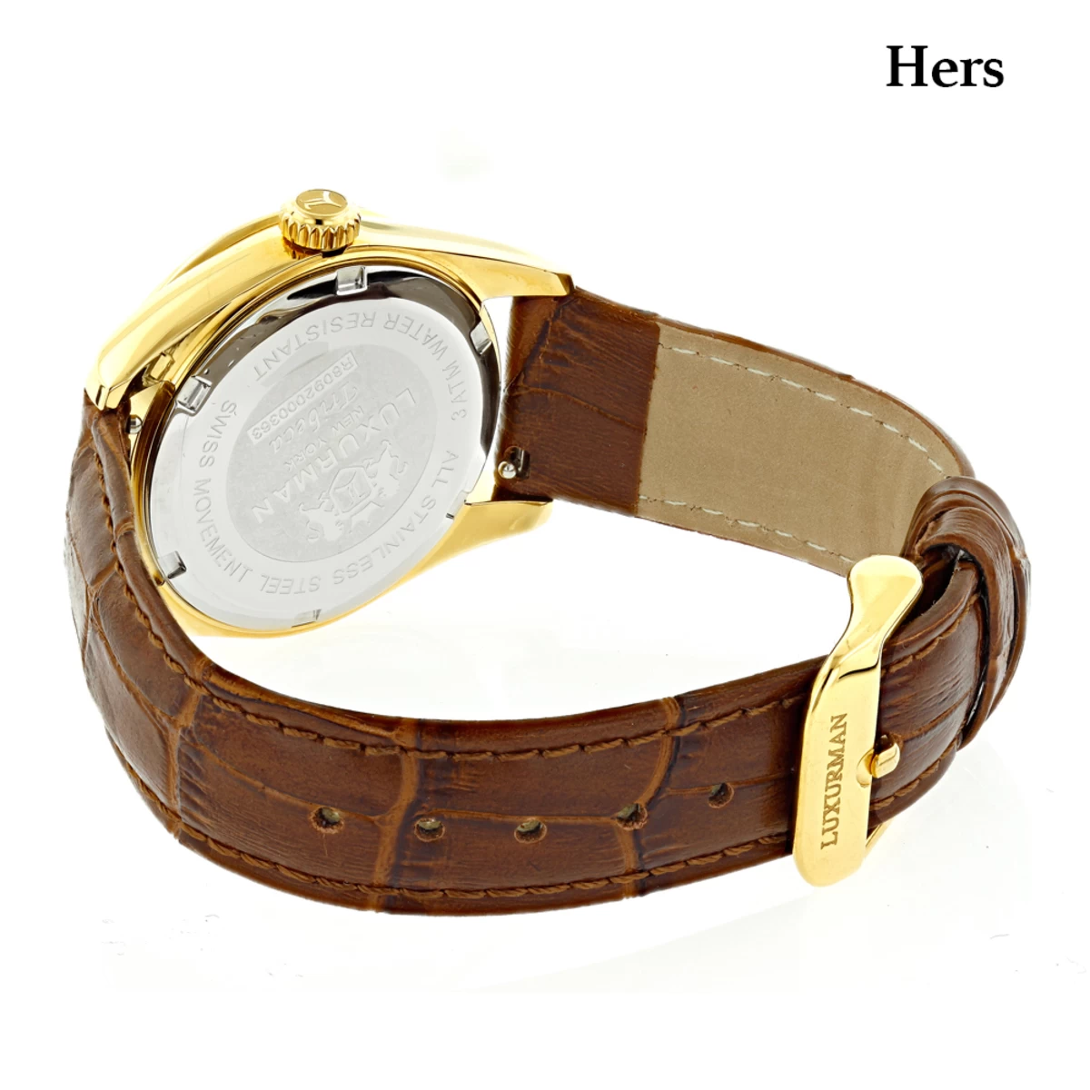 Luxurman Matching His & Hers Yellow Gold Plated Diamond Watch Set With Leather Band 3 Luxurman Matching His & Hers Yellow Gold Plated Diamond Watch Set With Leather Band - Image 3