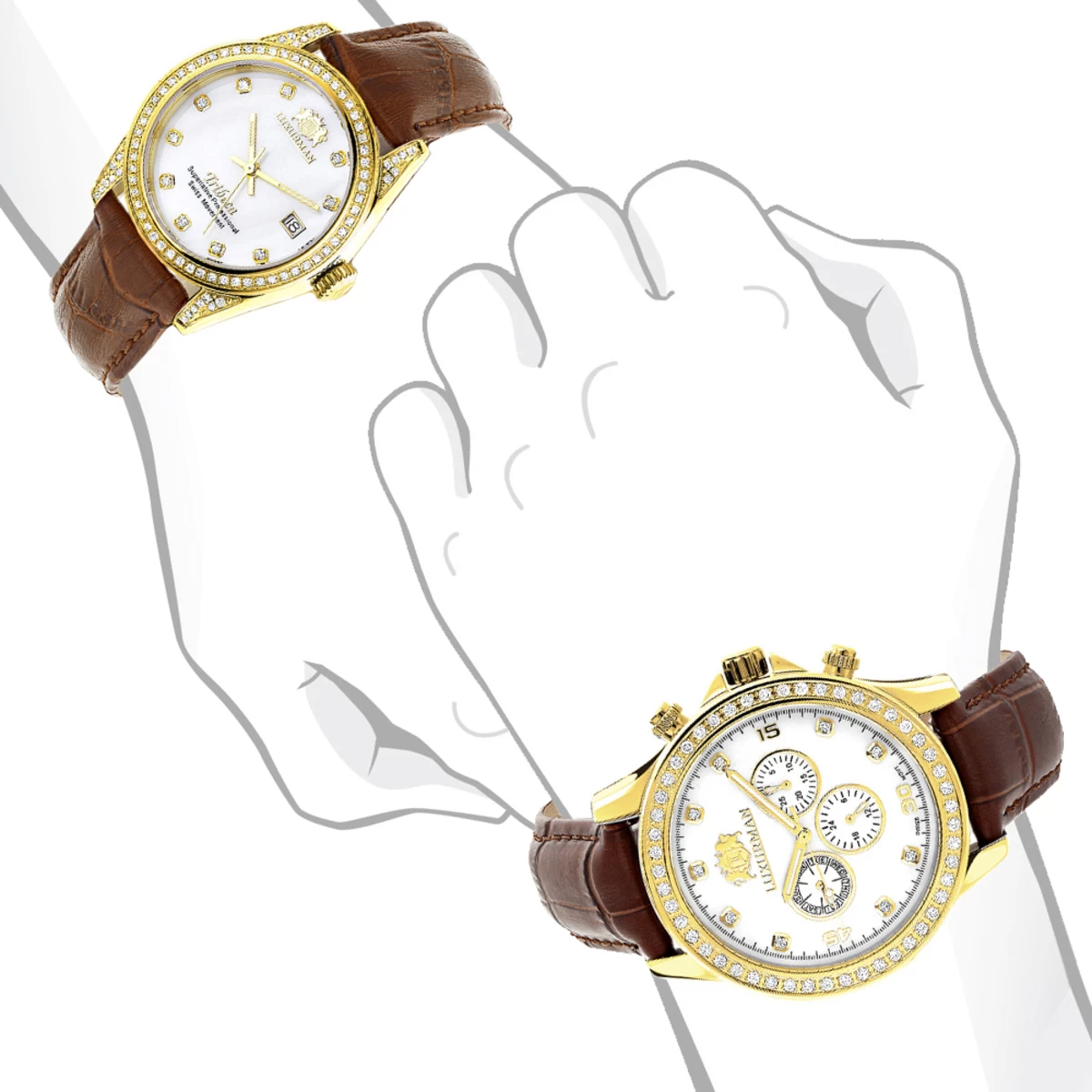 Luxurman Matching His & Hers Yellow Gold Plated Diamond Watch Set With Leather Band 4 Luxurman Matching His & Hers Yellow Gold Plated Diamond Watch Set With Leather Band - Image 4