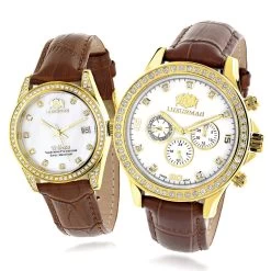 Luxurman Matching His & Hers Yellow Gold Plated Diamond Watch Set With Leather Band