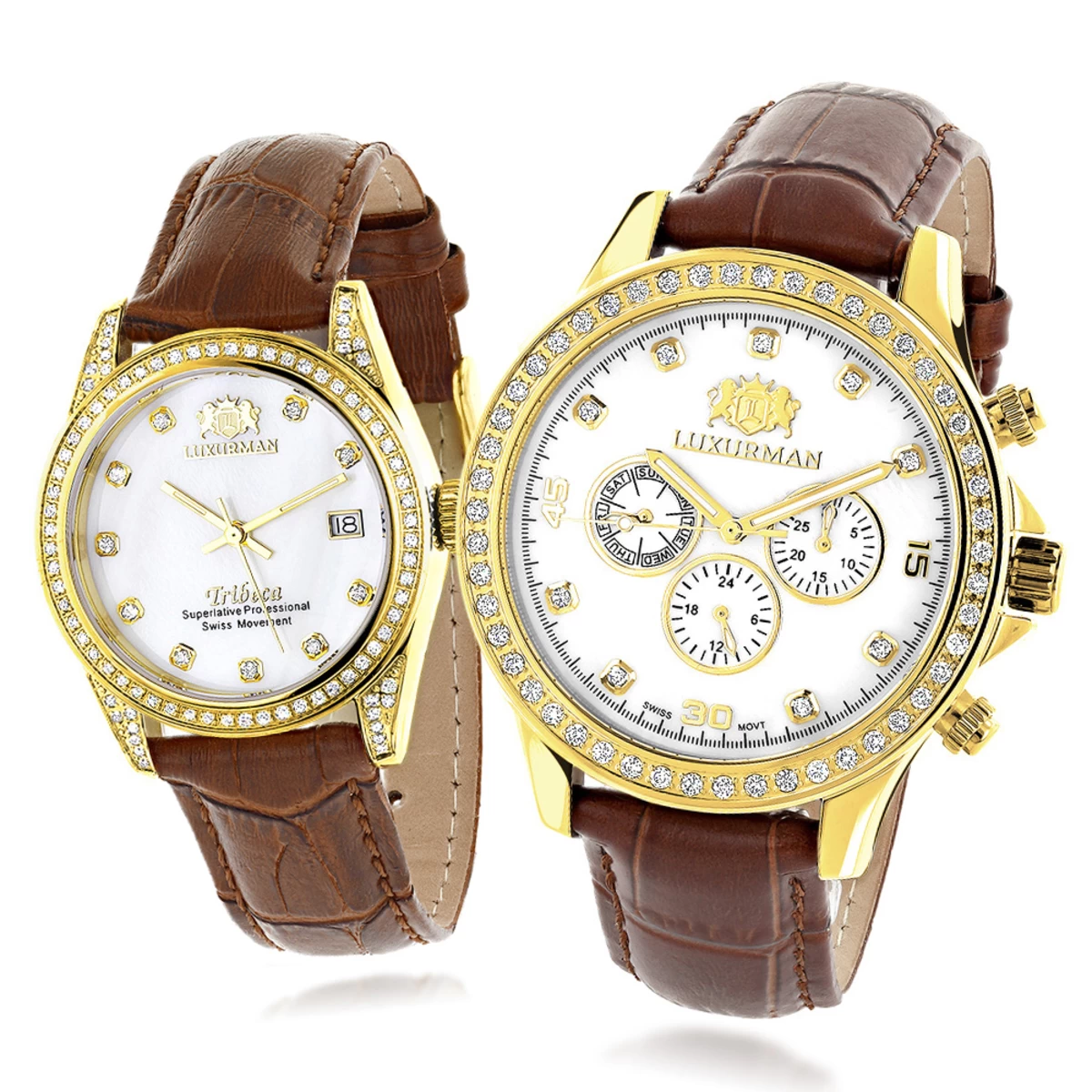Luxurman Matching His & Hers Yellow Gold Plated Diamond Watch Set With Leather Band 1 Luxurman Matching His & Hers Yellow Gold Plated Diamond Watch Set With Leather Band