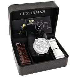 Men's Genuine Diamond Watch Luxurman Liberty Swiss MVT Leather Band White MOP -Watch Store watches mens genuine diamond watch luxurman liberty swiss mvt leather band white mop box