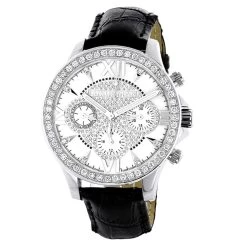 Men's Genuine Diamond Watch Luxurman Liberty Swiss MVT Leather Band White MOP