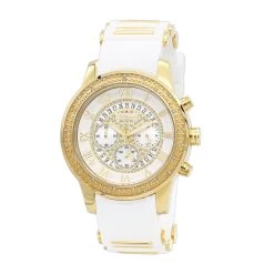 Yellow Gold Plt Jojino Men's Diamond Watch W White Rubber Band Chronograph
