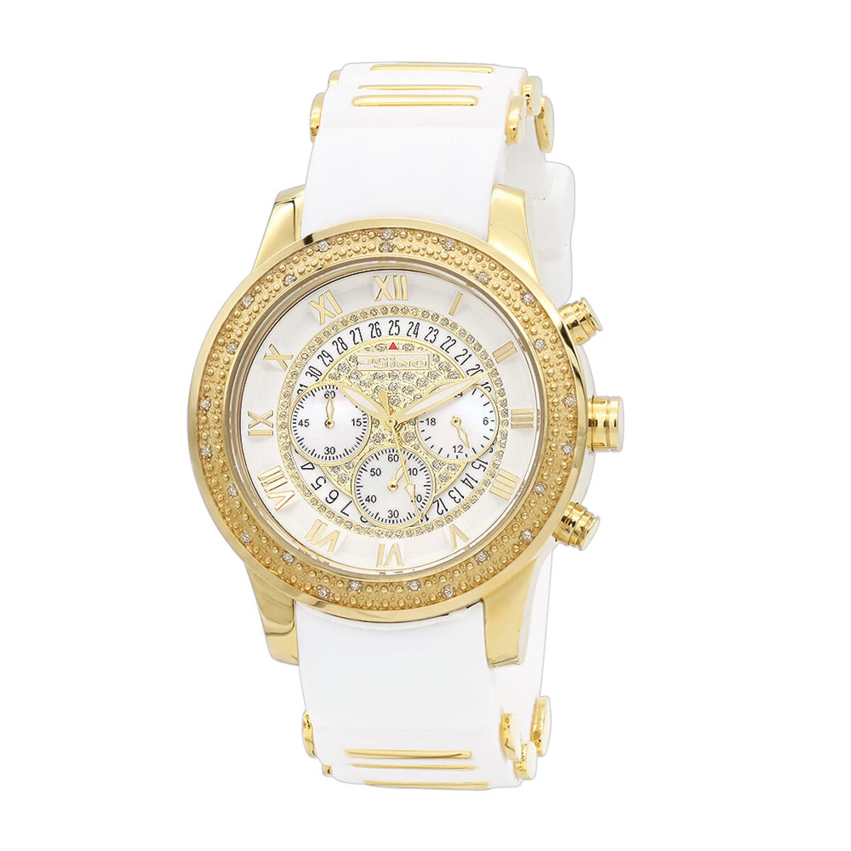 Yellow Gold Plt Jojino Men's Diamond Watch W White Rubber Band Chronograph 1 Yellow Gold Plt Jojino Men's Diamond Watch W White Rubber Band Chronograph