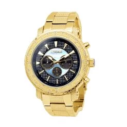 Yellow JoJino Chronograph Large Men's Diamond Watch Iced Out Blue MOP Dial