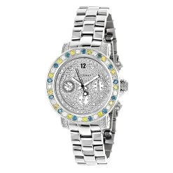 White Blue Yellow Diamond Watch By LUXURMAN 2.75ct Ladies