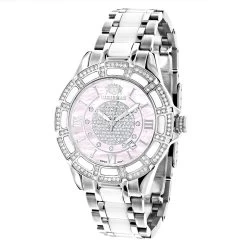 White Ceramic Women's Diamond Watch 1.25ct Pink MOP Luxurman Galaxy
