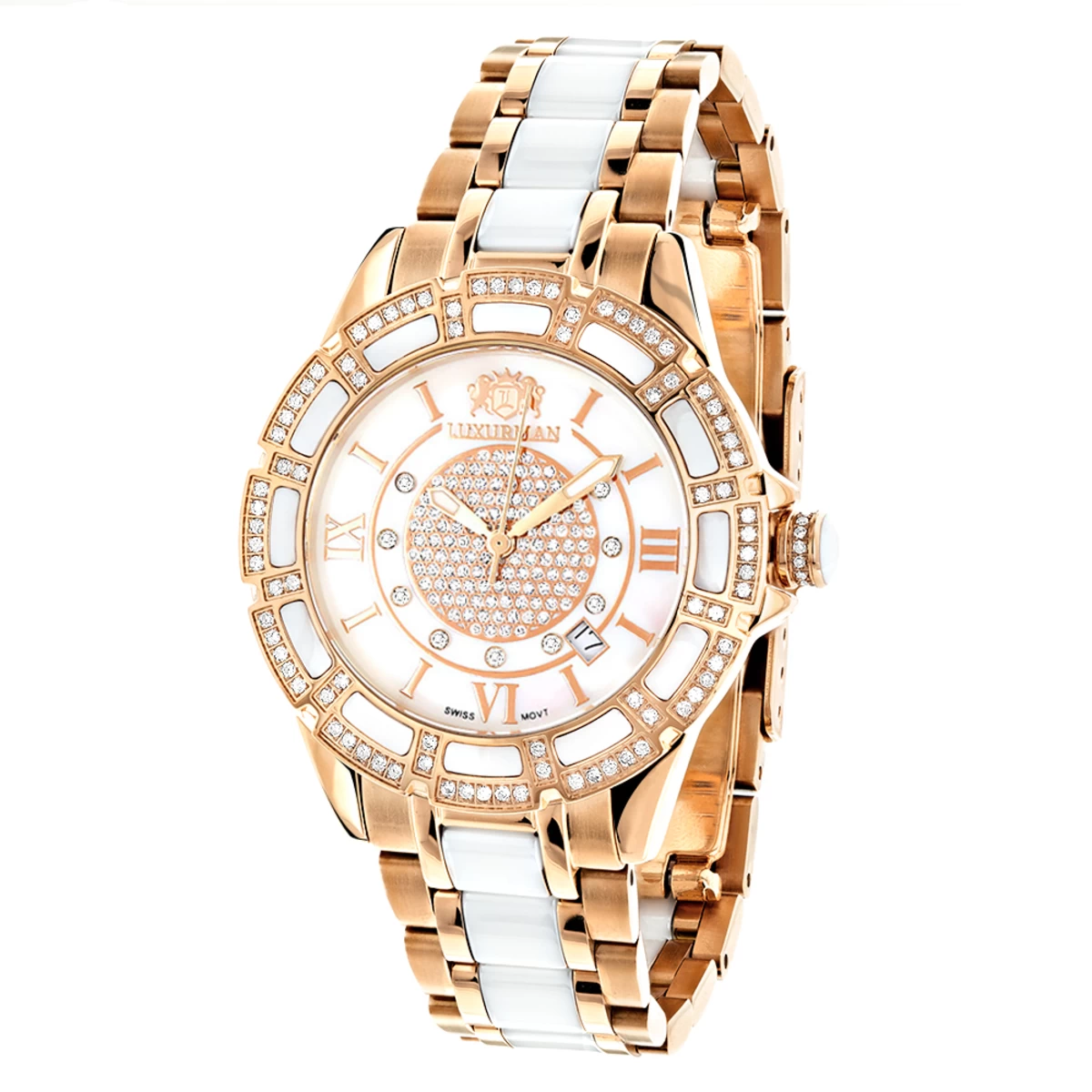Women's Ceramic Rose Gold Diamond Two Tone White MOP Luxurman Galaxy 1 Women's Ceramic Rose Gold Diamond Two Tone White MOP Luxurman Galaxy