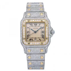 Women's Diamond Watch Cartier Santos De Cartier 18K Gold Champagne Dial