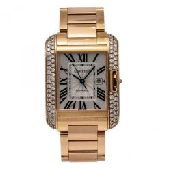 Women's Diamond Watch Cartier Tank Anglaise 18K Gold 30mm Silver Tone Dial