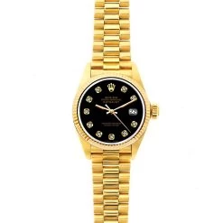 Women's Diamond Watch Rolex Datejust 18K Gold 26mm Black Dial W00176