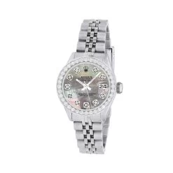 Women's Diamond Watch Rolex Datejust 26mm Dark Mother Of Pearl Dial